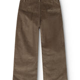 Brown corduroy trousers with cargo pockets and wide legs, flat front.