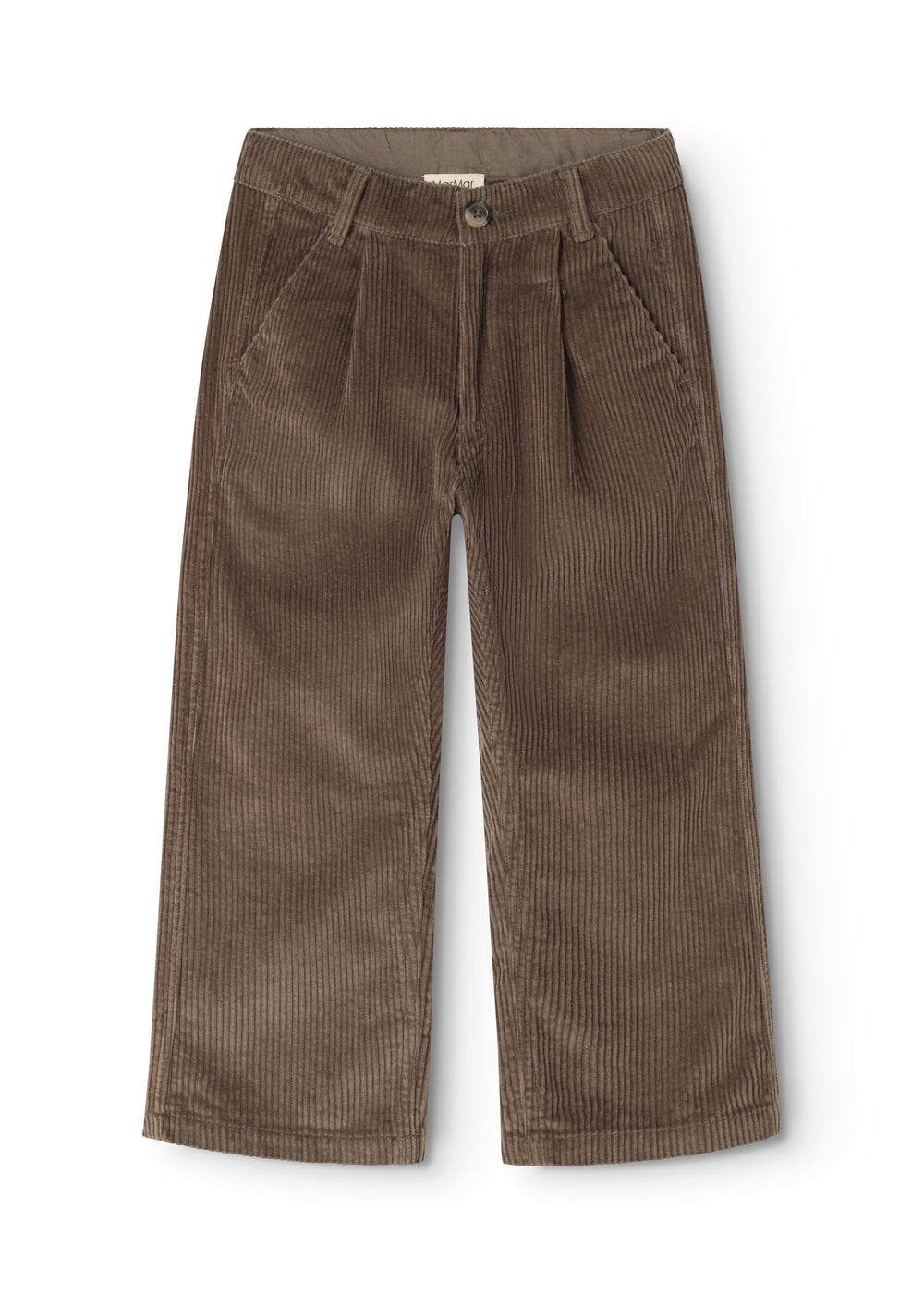 Brown corduroy pants with button closure and wide legs, flat front.