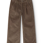 Brown corduroy pants with button closure and wide legs, flat front.