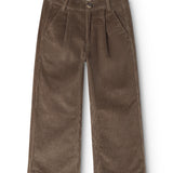 Brown corduroy pants with button closure and wide legs, flat front.