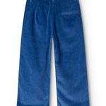 Dark blue velvet trousers seen from behind with straight legs and pocket details.