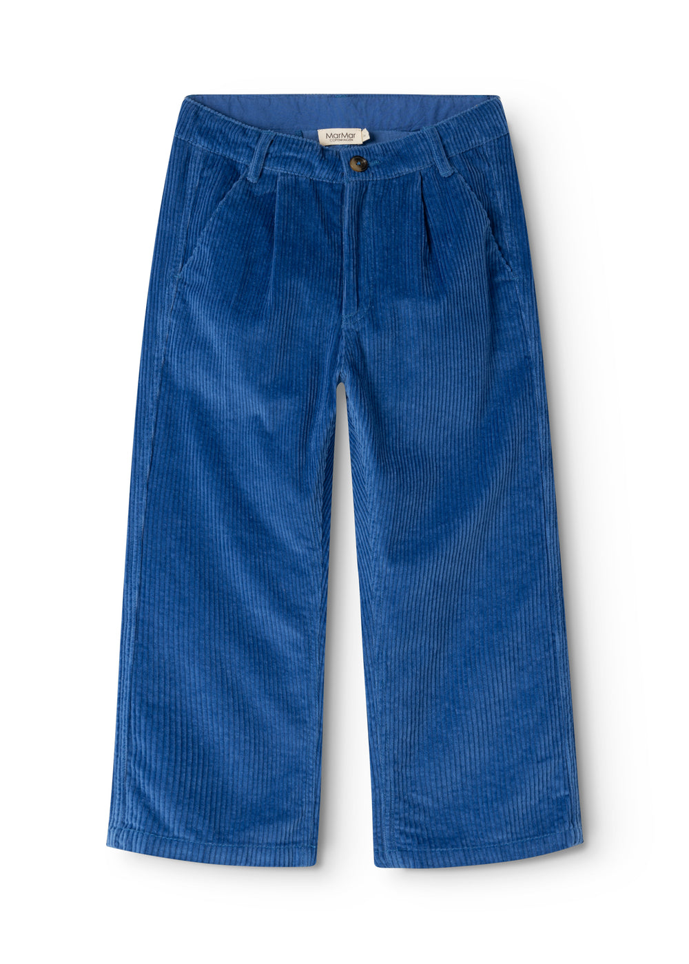 Dark blue velvet trousers with button closure and elastic waist.