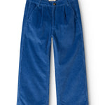 Dark blue velvet trousers with button closure and elastic waist.