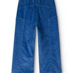 Blue corduroy trousers with elastic waistband and back pockets.