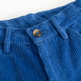Blue corduroy trousers with elastic waistband and drawstring, featuring a button detail.
