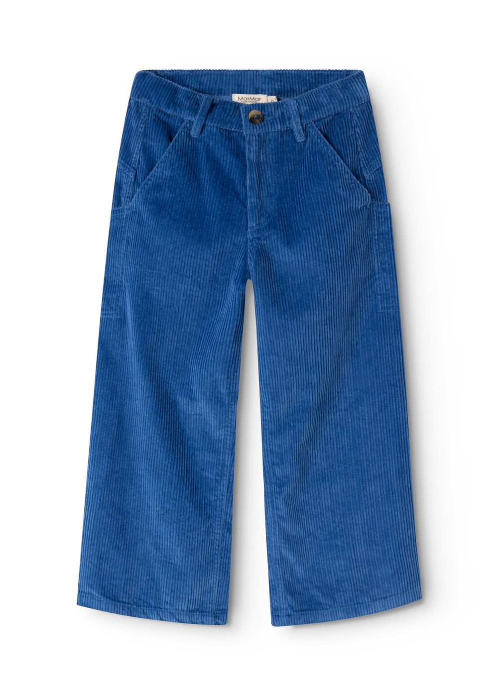 Blue corduroy trousers with button closure, slanted side pockets, and straight legs.