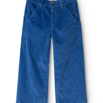 Blue corduroy trousers with button closure, slanted side pockets, and straight legs.