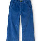 Blue corduroy trousers with button closure, slanted side pockets, and straight legs.