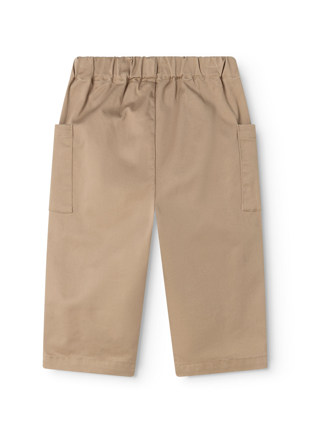 Poly pants in mud-colored beige with elastic waist and side pockets.