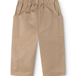 Poly pants in mud-colored beige with elastic waist and side pockets.