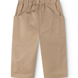 Poly pants in mud-colored beige with elastic waist and side pockets.