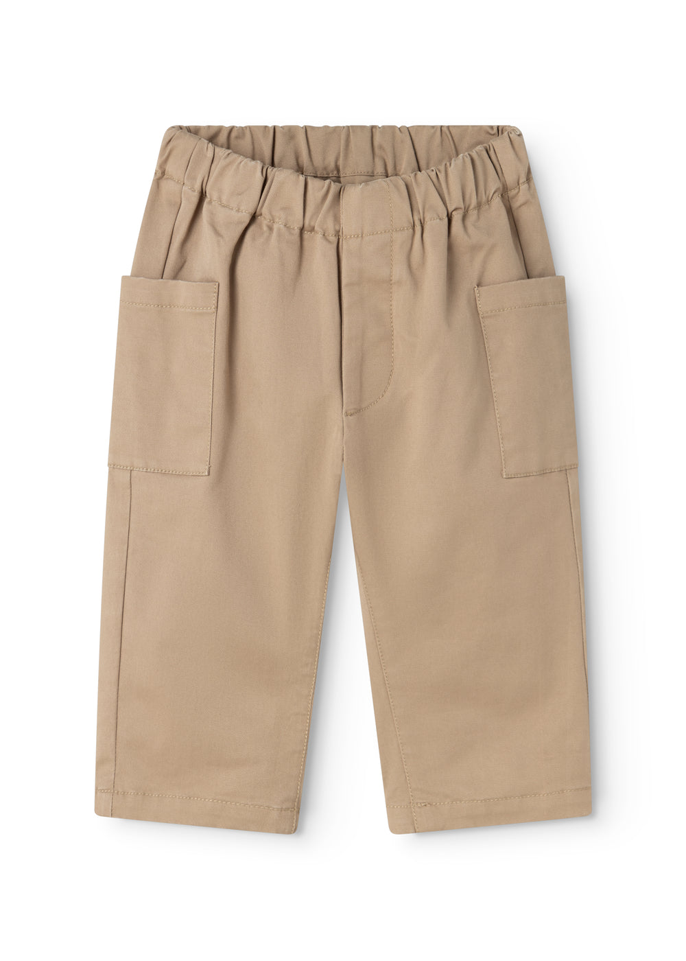 Poly pants, mud-colored beige, elastic at the waist and side pockets.