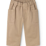 Poly pants, mud-colored beige, elastic at the waist and side pockets.