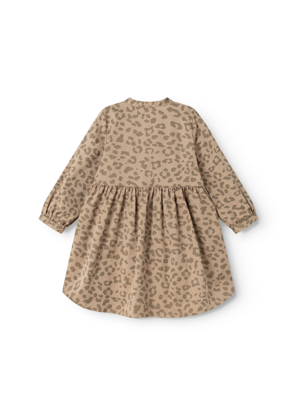 Beige baby dress with leopard print and ruched waist, long sleeves and A-line shape.