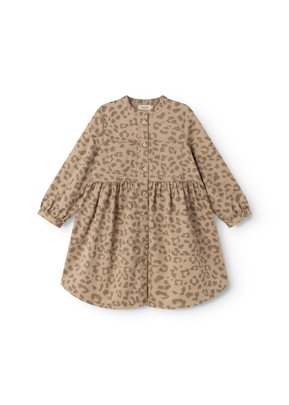 Sand-colored children's dress with leopard print, front button closure and flared skirt.