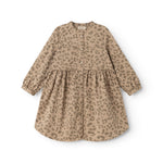 Sand-colored children's dress with leopard print, front button closure and flared skirt.