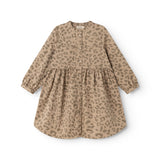 Sand-colored children's dress with leopard print, front button closure and flared skirt.