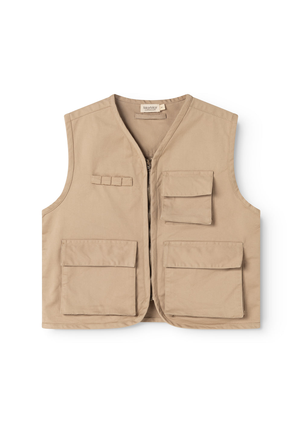 Orange children's vest with front zipper and multiple flap pockets, practical design