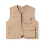 Orange children's vest with front zipper and multiple flap pockets, practical design