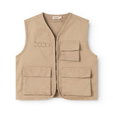 Orange children's vest with front zipper and multiple flap pockets, practical design