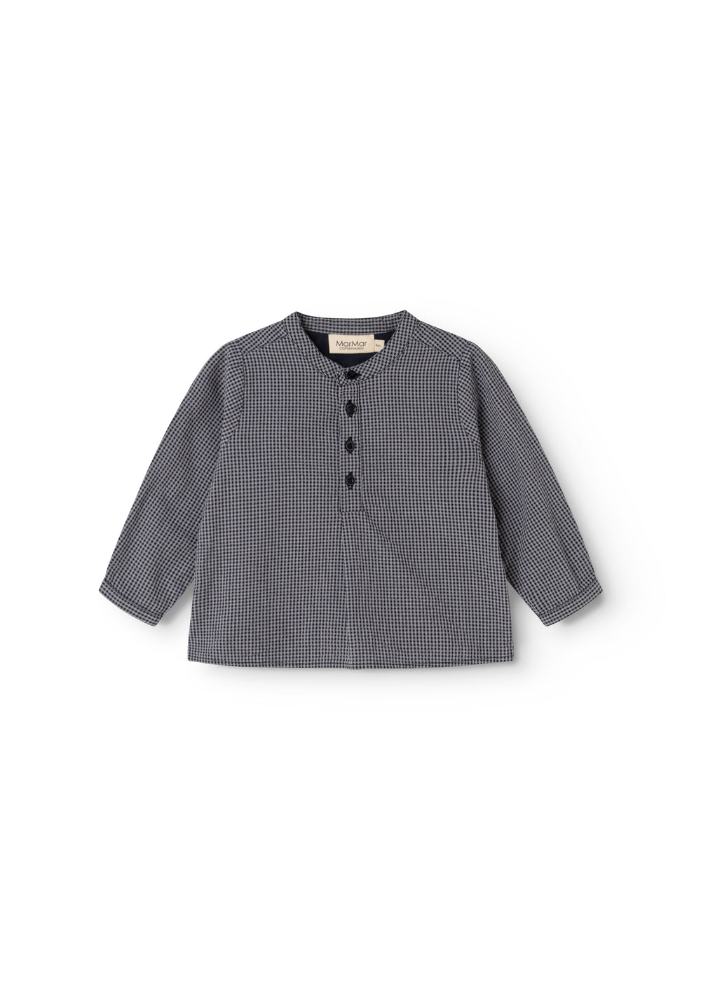 Button-down shirt for baby with front snap closure and long sleeves, dark dove blue.