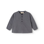 Button-down shirt for baby with front snap closure and long sleeves, dark dove blue.