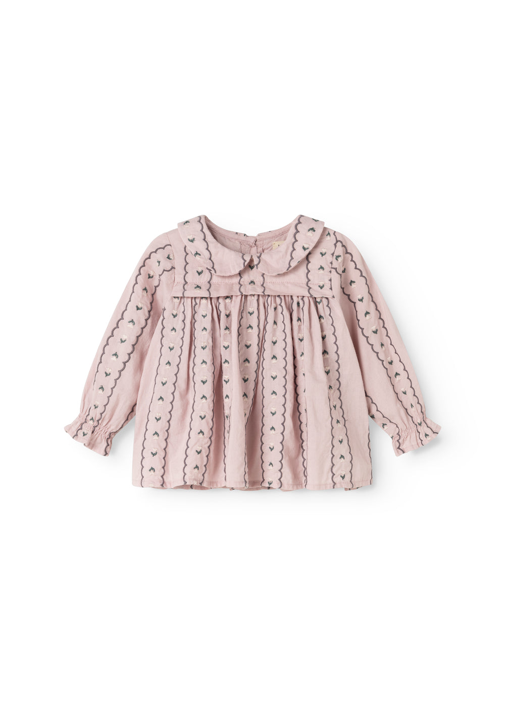 Pink baby blouse with button closure, ruffled details, and long sleeves.