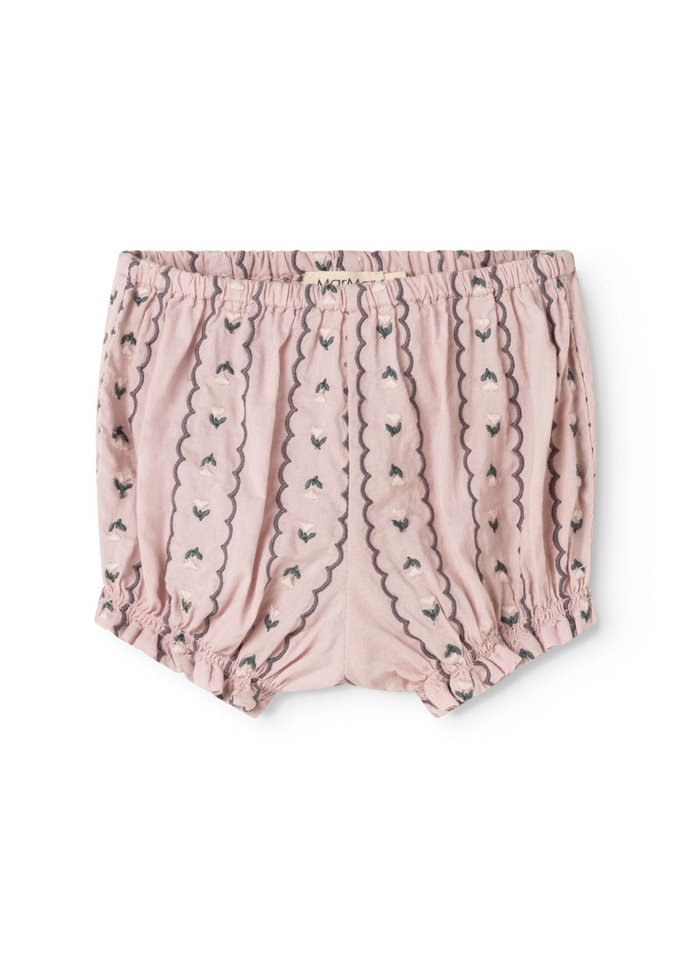 Powdered purple baby bloomers with elastic waistband and vertical pattern stripes.