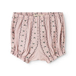 Powdered purple baby bloomers with elastic waistband and vertical pattern stripes.