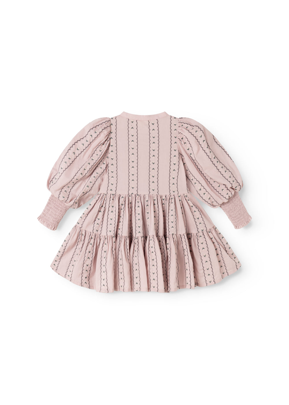 Dress the dust purple with puff sleeves, button closure, and a pleated skirt.