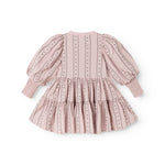 Dress the dust purple with puff sleeves, button closure, and a pleated skirt.