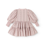 Dress the dust purple with puff sleeves, button closure, and a pleated skirt.