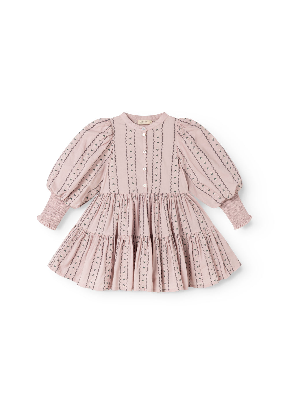 Share a dress in dusty purple with stripes, embroidery, and a pleated skirt.
