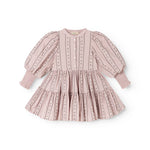 Share a dress in dusty purple with stripes, embroidery, and a pleated skirt.