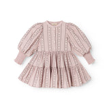 Share a dress in dusty purple with stripes, embroidery, and a pleated skirt.
