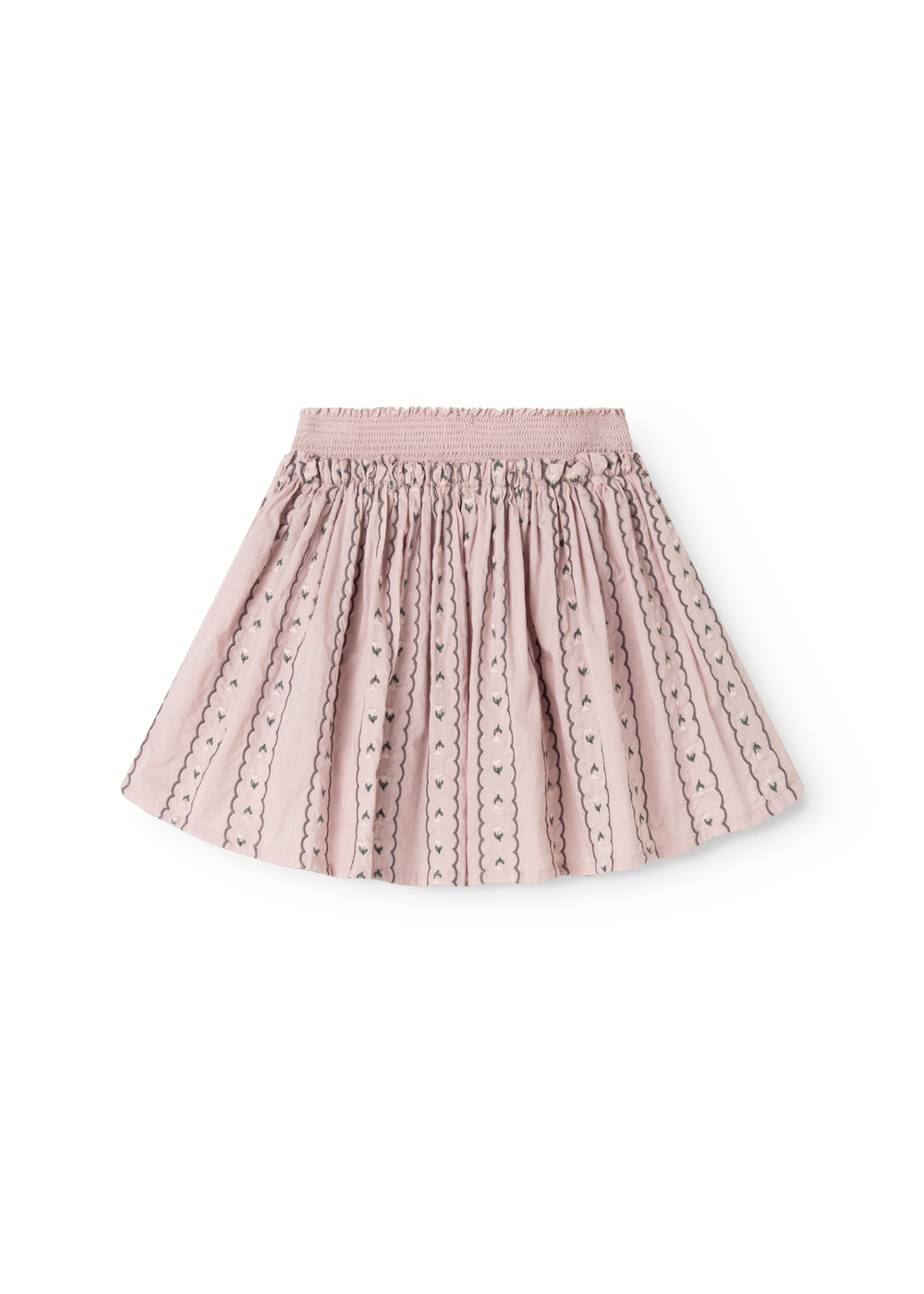 Seline bottom in dusty purple with a ruched waist and patterned stripes with small flowers.