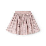 Seline bottom in dusty purple with a ruched waist and patterned stripes with small flowers.