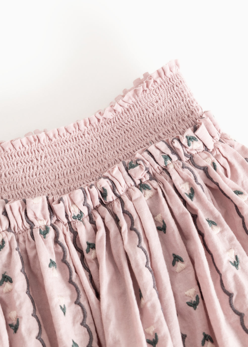 Skirt bottom: smock-waisted waist and patterned rows with green flowers