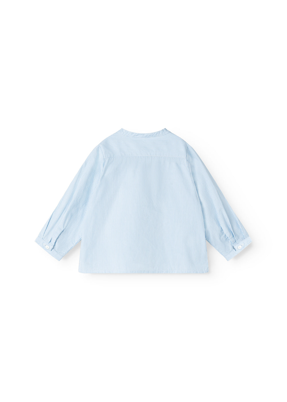 Light blue shirt with short sleeves and a round neckline on the back.