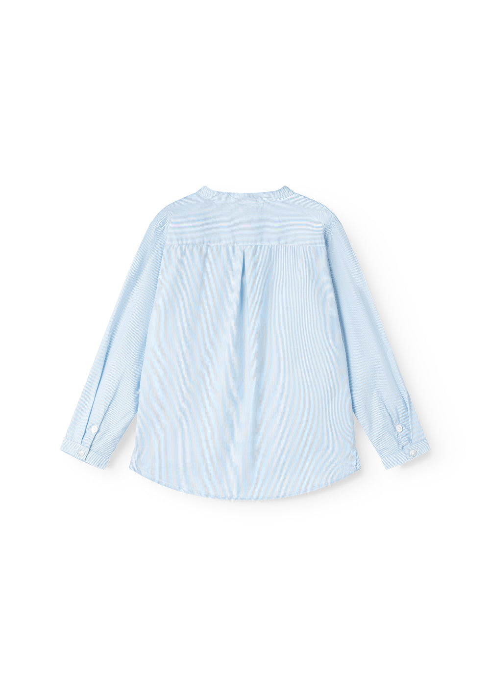 Light blue striped shirt with creased back and button sleeves.