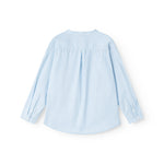 Light blue striped shirt with creased back and button sleeves.