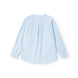 Light blue striped shirt with creased back and button sleeves.