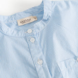 Light blue striped shirt with round neckline and three buttons.