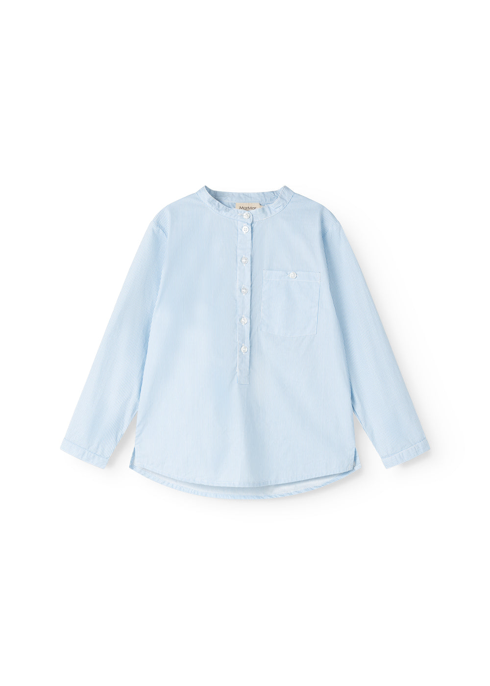 Light blue striped shirt with button closure and chest pocket.