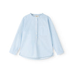 Light blue striped shirt with button closure and chest pocket.