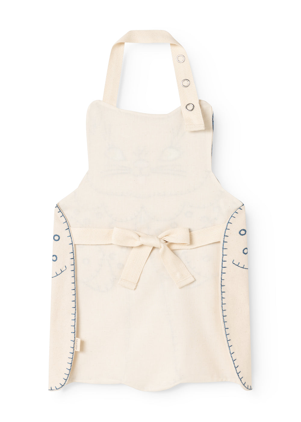 Natural-colored apron with cat print, waist tie, and shoulder straps.