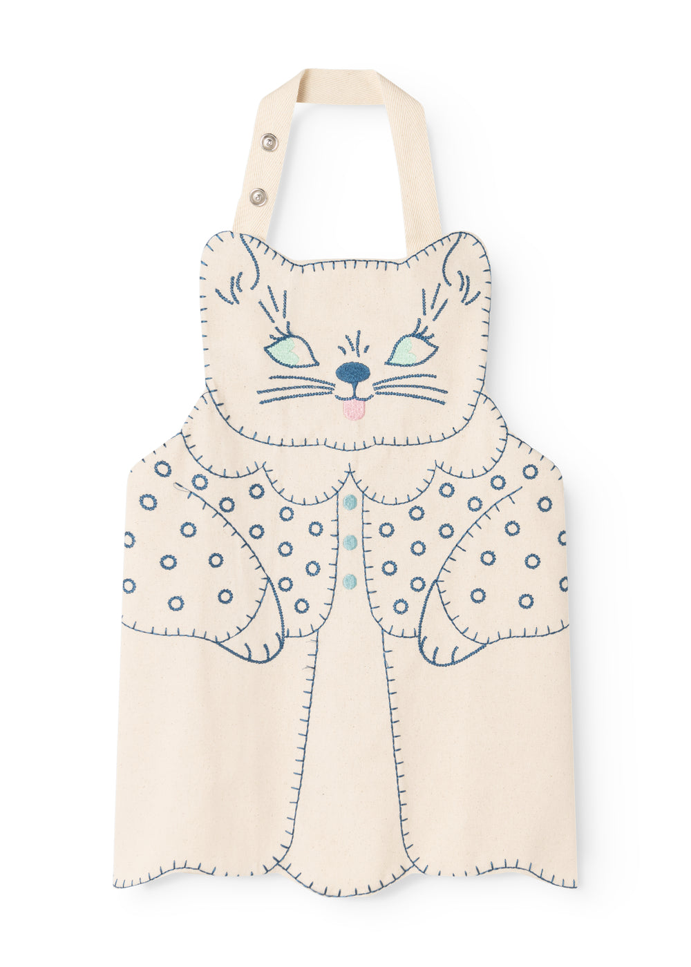 Natural-colored apron with cat appliqué, blue embroidery, and shoulder button closure.