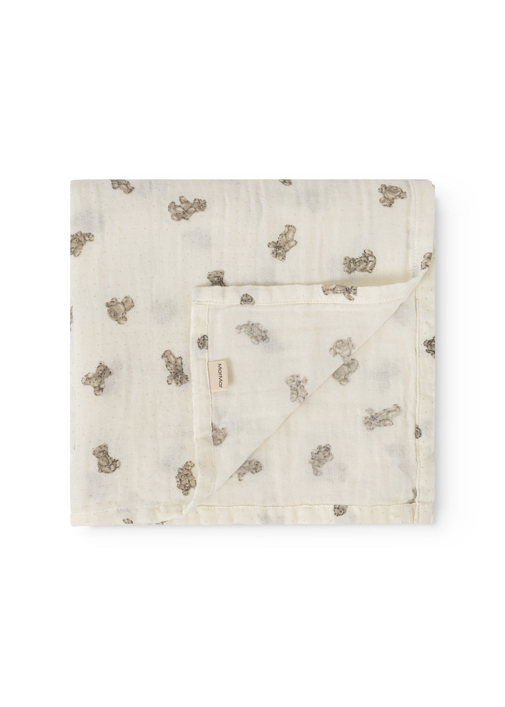 Baby ones in cream with small teddy bear print and folded edge.