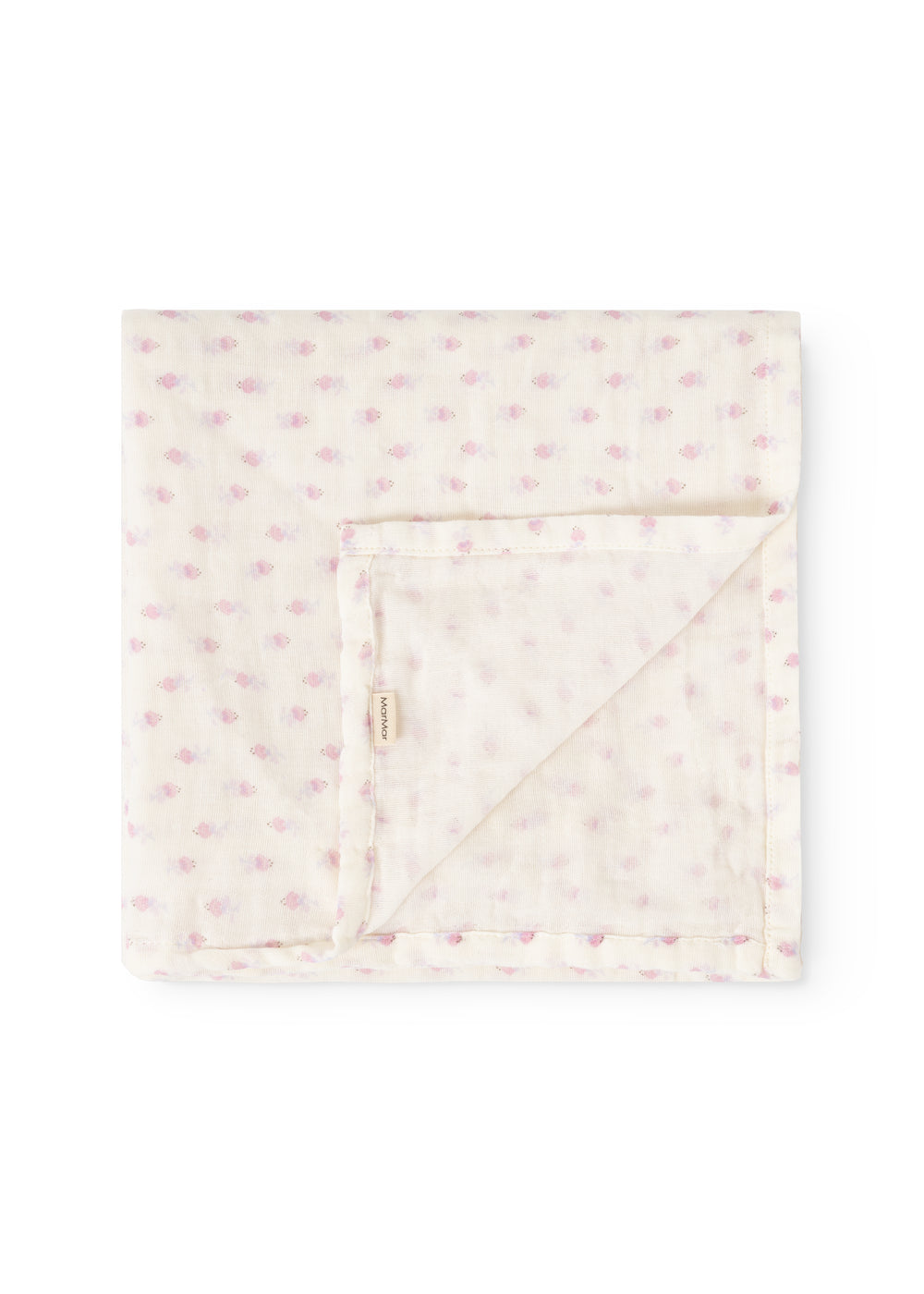 Baby swaddle folded and fastened with a strap, cream-colored with small pink flowers.