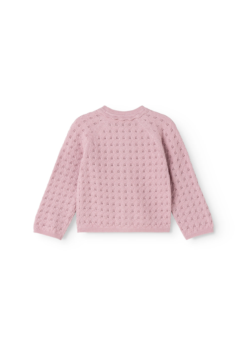 Pink knit cardigan for baby with round neckline, button closure, and fine knit pattern.